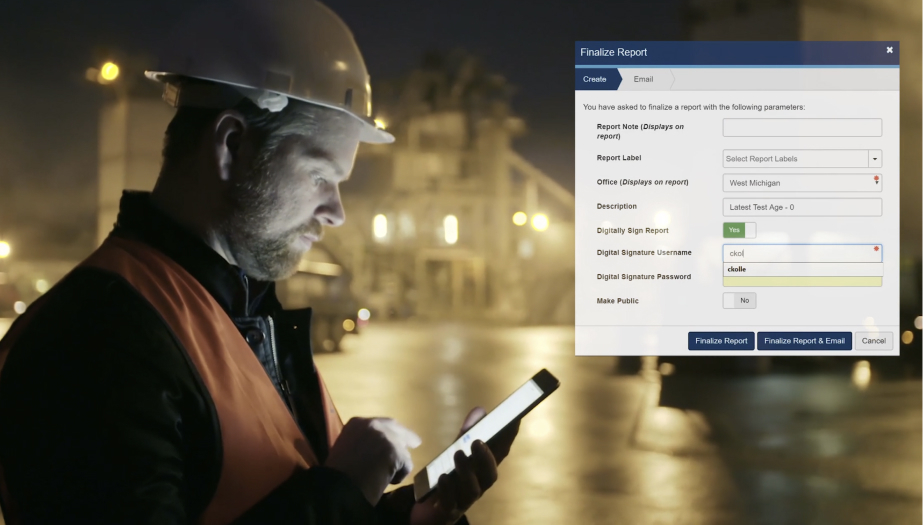 An Engineer using the finalize report functionality in Agile Frameworks' MetaField platform in the field